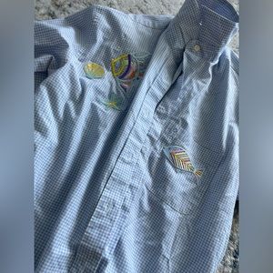 Blue and white checked long sleeve blouse with fish button up rhinestones size s